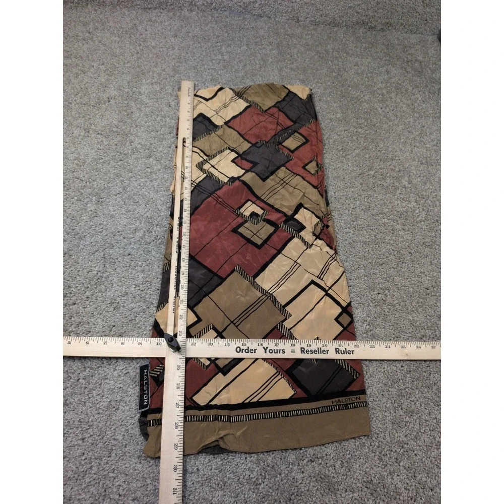 Halston Red 100% Silk Scarf Geometric Abstract Block Print Terracotta‎ Tan 28x10